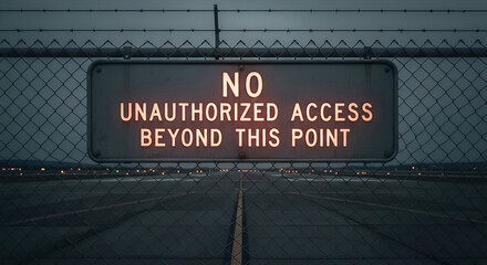 Restricted Zone Sign: No Unauthorized Access Beyond, Airport Night Atmosphere
