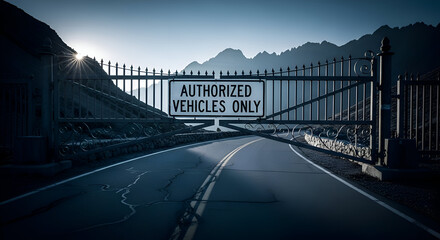 Restrictive Entrance: An Imposing Gate Blocking a Scenic Mountain Road
