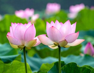 Obraz premium Two pink lotus flowers in full bloom with large green leaves