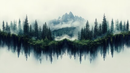 Misty mountain range, forest reflected, sound wave effect