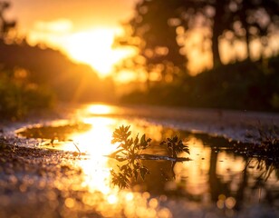 Sunset puddle reflection