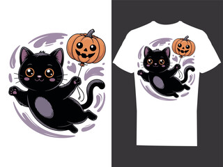 Cute Black Cat Ghost Floating with Pumpkin Balloon Kawaii Halloween T-Shirt Design