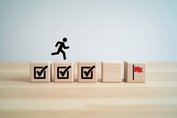 Journey to Success: A visual metaphor for goal achievement, with a figure sprinting toward the finish line, each step marked by a check and the ultimate flag. 