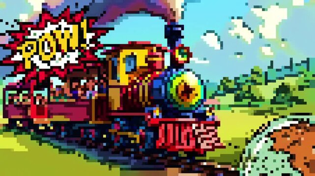 Colorful Pixel Art Steam Train Moving Through a Playful Landscape with a Comic Book 'POW!' Effect