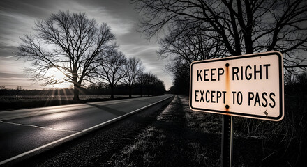 Serene Highway Landscape with Road Sign Directing Traffic in a Dramatic Monochrome Scene