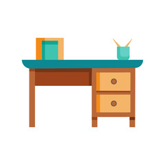 Vector art of a simple flat illustration of a wooden desk with two drawers, a book, and a cup of pens