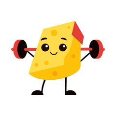 Vector art of a cheerful cartoon wedge of cheese character lifting weights with a determined expression