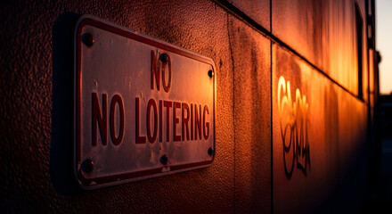 Severe Warning Illuminated: A Crimson Sign Against the Setting Sun and Graffiti