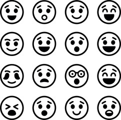 Fototapeta premium Collection of 16 Black and White Emoji Icons Expressing Various Emotions
