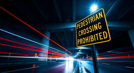 Sign Illuminates Under Highway, Traffic Trails Creating an Artistic Visual, Night Scene