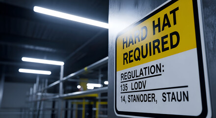 Safety Regulations Signage Illustrating Hard Hat Requirement Warning in Industrial Environment
