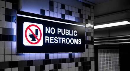 Sign Indicating No Public Restrooms Illuminated and Mounted on a Tiled Wall Interior