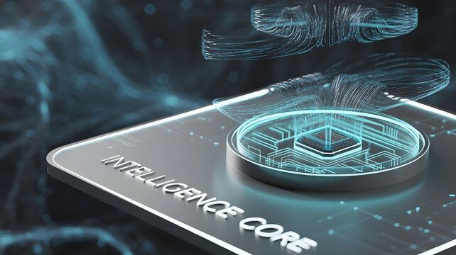 Intelligence Core 3D Render of a Glowing AI Processor Chip and Abstract Data Flow on a Futuristic Circuit Board Quantum Brain Macro Shot of a Cutting-Edge Computer Microchip with Neon Light