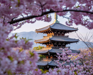 Fototapeta premium Japanese Pagoda Surrounded by Blooming Pink Cherry Blossoms