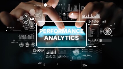 Hands Engaging with Touchscreen Display Featuring Performance Analytics and Data Visualization Elements. Asymptotic smart data analytic.
