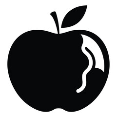 Black apple silhouette shows a bite mark with stem and leaf on white backdrop