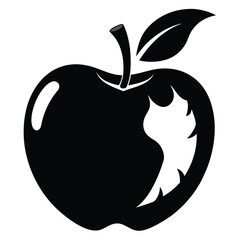 Monochrome apple outline with bite mark and leaf shows healthy fruit with stem