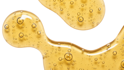 Drops yellow transparent cosmetic gel or serum with bubbles texture background. Liquid hyaluronic acid emulsion swatch on transparent background.