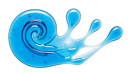 Clear blue cosmetic gel textured in spiral and splash shape with air bubbles for skincare advertisement on transparent background.