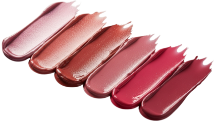 Set of cosmetic smears lipstick or lip gloss in pink and red tones on transparent background. Texture makeup swatch concept for beauty product.