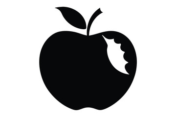 A single black apple shows a bite mark with leaf and stem detail