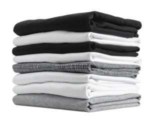 Folded White, Black, and Grey T-Shirts Stack Mockup, Angled Side View, Isolated