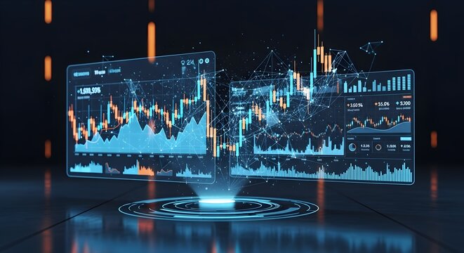 Futuristic digital interface displaying complex financial market data with glowing blue charts and graphs in a dark setting