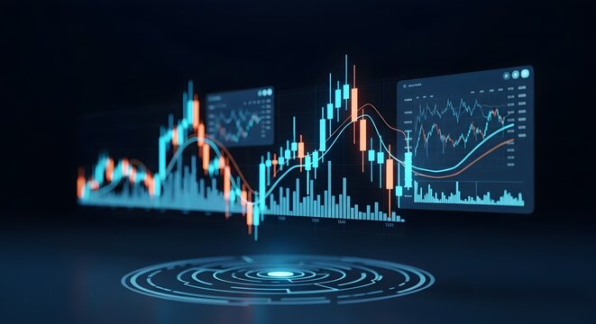 Abstract glowing digital financial stock market data chart visualization with cryptocurrency analytics and trading graphs futuristic technology concept
