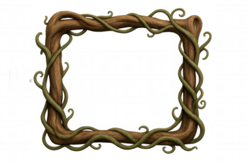 Wood frame intertwining with vines, rustic nature border for fantasy storybook or game design, transparent background