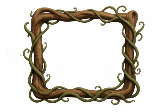 Wood frame intertwining with vines, rustic nature border for fantasy storybook or game design, transparent background