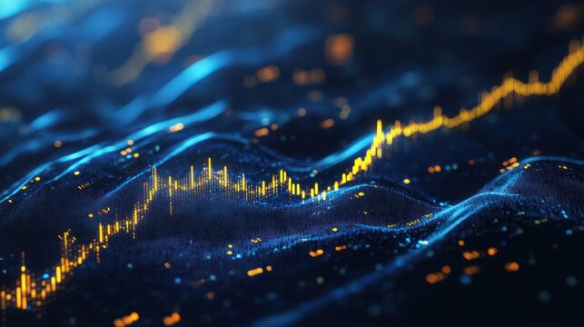 Data waves, rising graph, digital landscape, technology background, stock photo