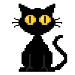 Obraz premium Retro pixel art of a black cat with glowing yellow eyes for halloween decoration or digital art design
