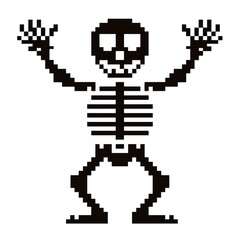 Playful pixel art skeleton dancing with raised arms in 8 bit style, perfect for retro gaming and halloween fun