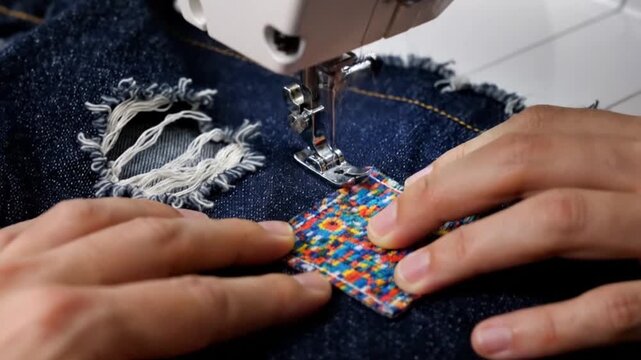 Close up of hands sewing a colorful patch onto ripped denim jeans with a sewing machine.