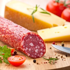 Salami, cheese, and tomatoes arranged on a wooden cutting board
