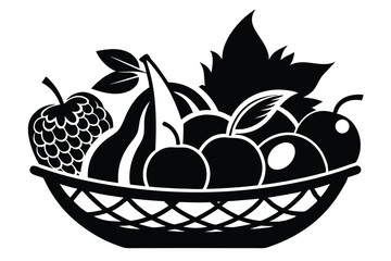 Woven basket brimming with an assortment of fruit, including pears, apples, leaves, and a distinct cluster