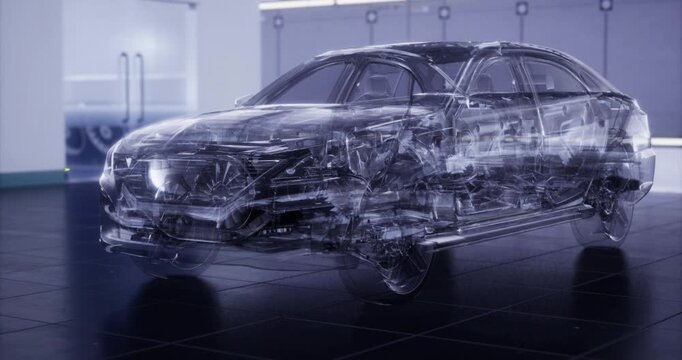 In a sleek, modern workshop, a transparent car showcases its complex internal mechanisms and parts. The high tech environment emphasizes innovation and automotive design.