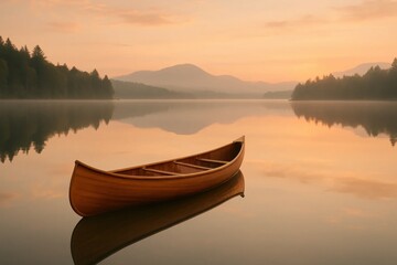 A Lone Canoe Awaits Its Journey Across the Serene Lake