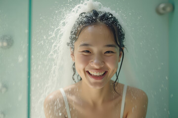 Asian woman showering in bathroom. Female enjoying morning water. Cheerful hygiene routine at home.