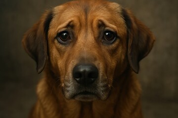 A gentle-eyed brown dog sits in quiet anticipation