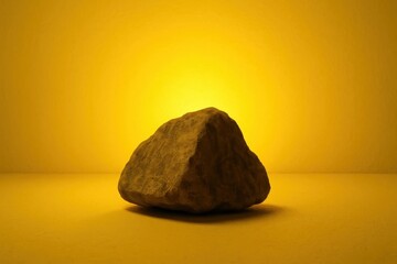 Naklejka premium A lone brown boulder stands in solitude against a radiant yellow backdrop, embodying the raw beauty of nature