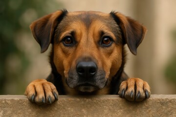 Obraz premium Longing eyes on a stone wall - A dog's silent plea