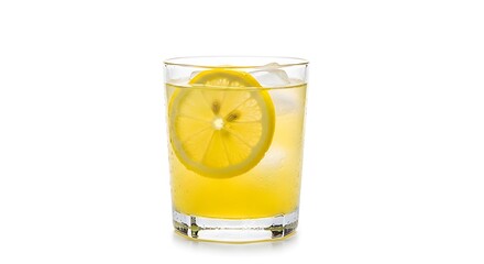 Refreshing lemonade with ice and a lemon slice, perfect for a hot summer day.