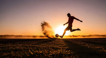 Dynamic silhouette of soccer player kicking ball at sunset on beach captures athleticism and golden hour ambiance
