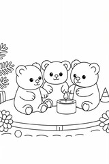 Coloring page of three cute bears sitting around a birthday cake