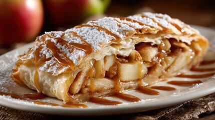 A freshly baked apple strudel is presented on a plate, drizzled with caramel. Juicy apple pieces peek from the flaky pastry while fresh apples are placed nearby.