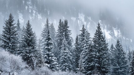 Snow blankets towering evergreen trees in a misty forest, creating a serene winter atmosphere. The landscape captures the beauty of nature during a cold season.