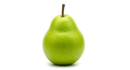Vibrant green pear with stem on a clean white background, perfect for healthy eating and natural product visuals