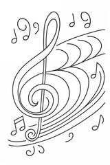 Coloring page of musical notes and treble clef in artistic design