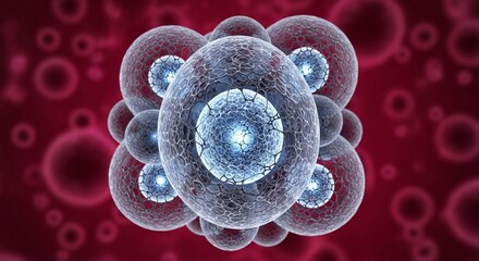 Microscopic view of cell structures with blue nuclei on a red background in a scientific context